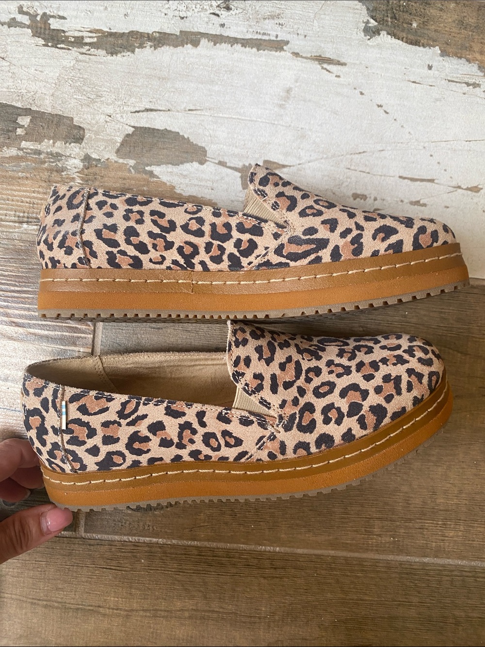 Toms Leopard Print Slip-On Flats with Tan Platform